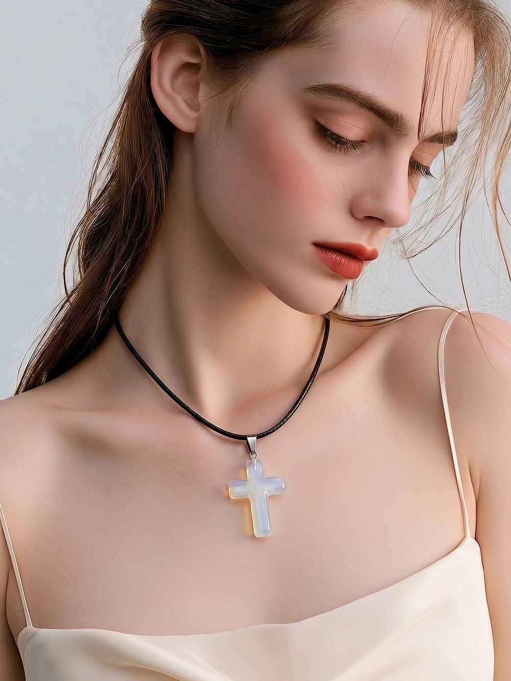 Opalite Cross Pendant Necklace in Iridescent White - Women's Jewelry